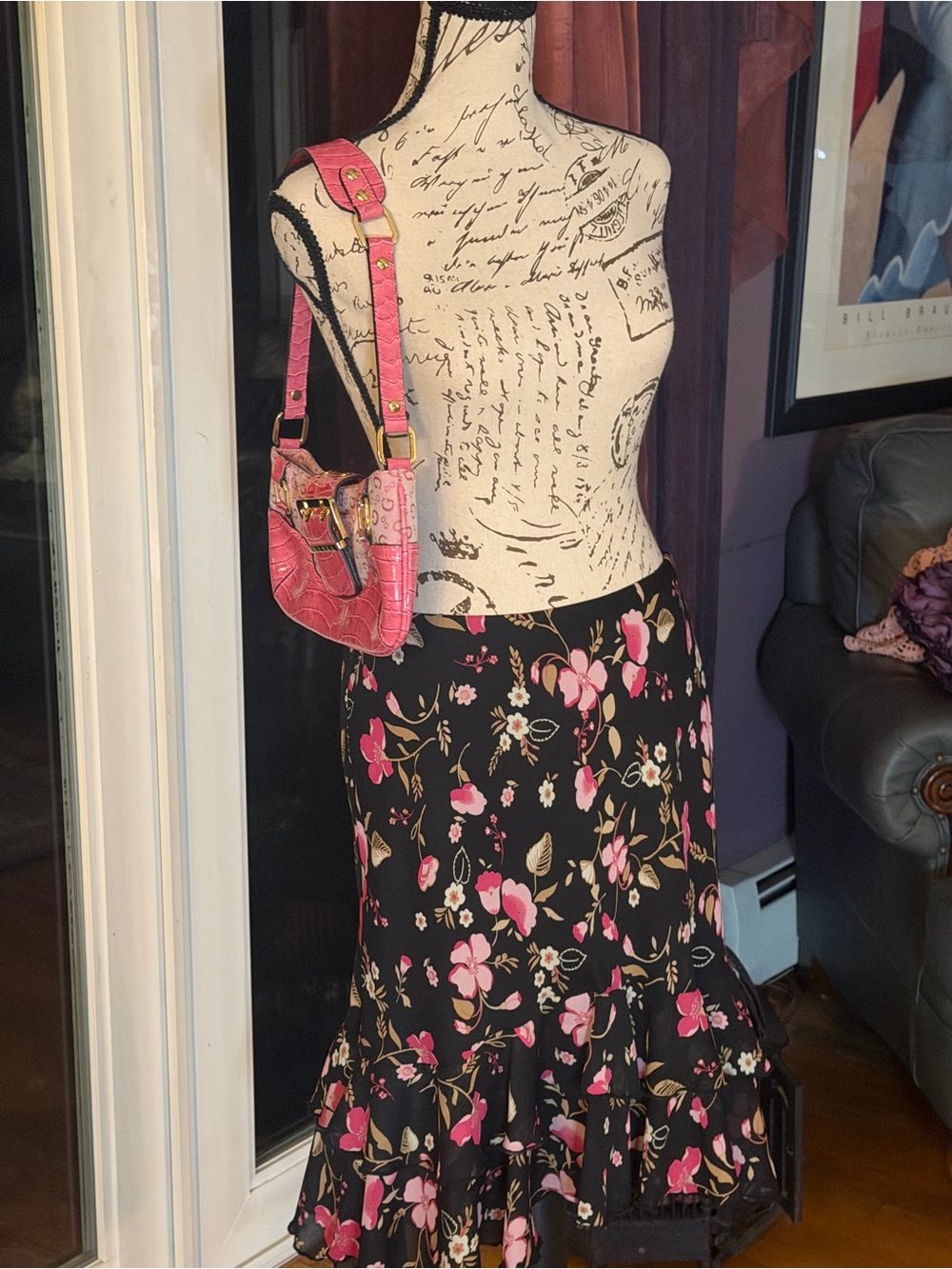 Vintage 90s/Y2K Fashion Bug black floral midi skirt